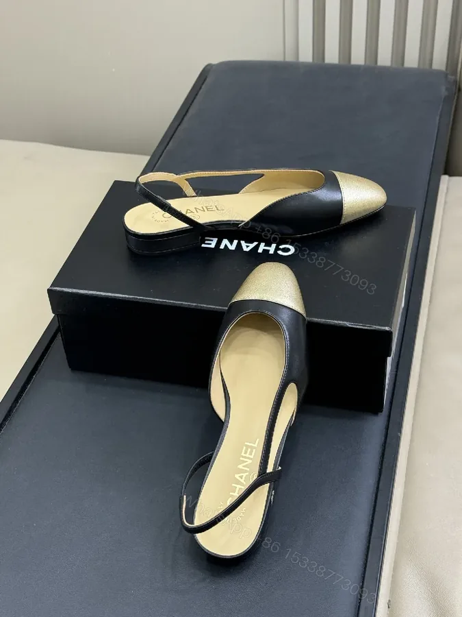 View 1 of Gold-Toe Slingback Pump: Black Leather, Open-Back, All-Day Comfort