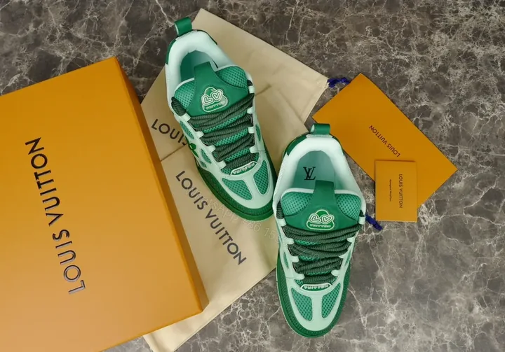 View 1 of Green-Accent Luxury High-Top Sneakers with LV Craftsmanship