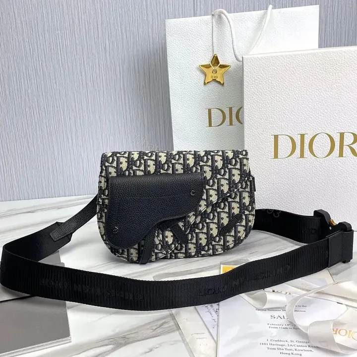 View 1 of Compact Black Leather Dior-Inspired Monogram Messenger Bag