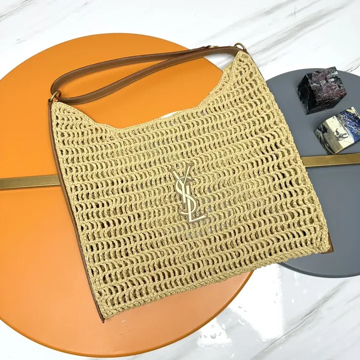 View 1 of Natural Tan Woven Straw Shoulder Bag â€” Luxury, Breathable, YSL Emblem