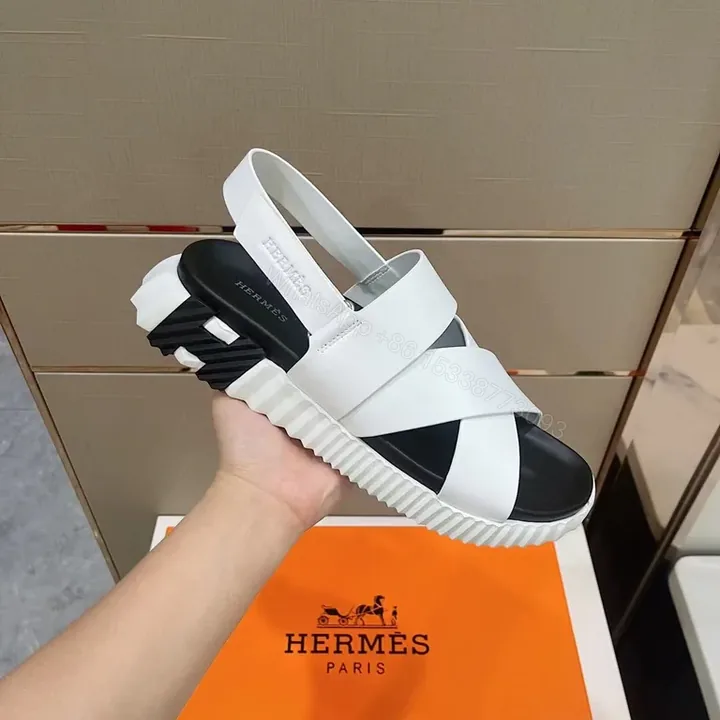 View 1 of White Leather Cross-Strap Platform Sandals - Hermes-Influenced Luxury