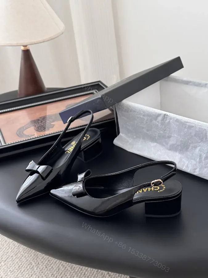 View 1 of Black Patent Slingbacks with Bow Detail - Low Block Heel, Pointed Toe, Slingback Strap