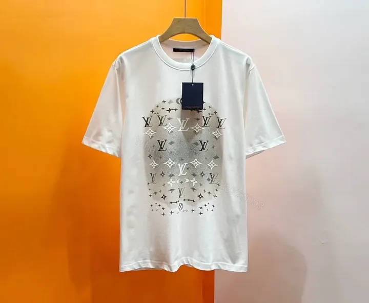View 1 of White Cotton T-Shirt Circular LV Logo Graphic Diamonds Stars, Modern Style, Crew Neck, Short Sleeve, Black Neck Tag