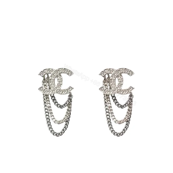 View 1 of CHANEL STUD EARRINGS WITH CRYSTAL AND MULTI CHAIN IN SILVER TONE
