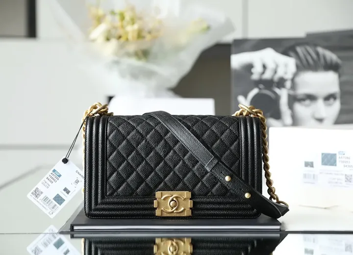 View 1 of Chanel-Style Quilted Leather Crossbody, Black & Gold Hardware
