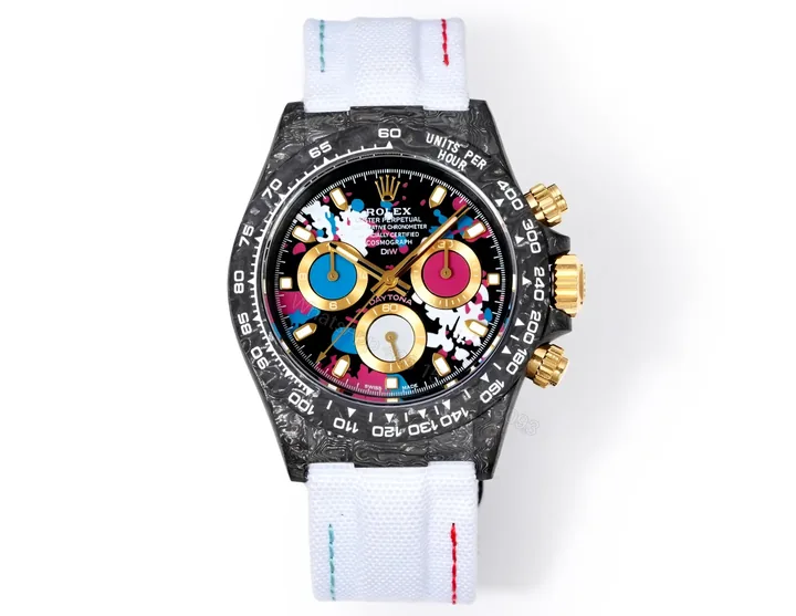 View 1 of Best Rolex Daytona Carbon Art Dial replica 40MM White Fabric Strap Edition RG-DAYTONA-CARBON-ART-WHITE-STRAP-40