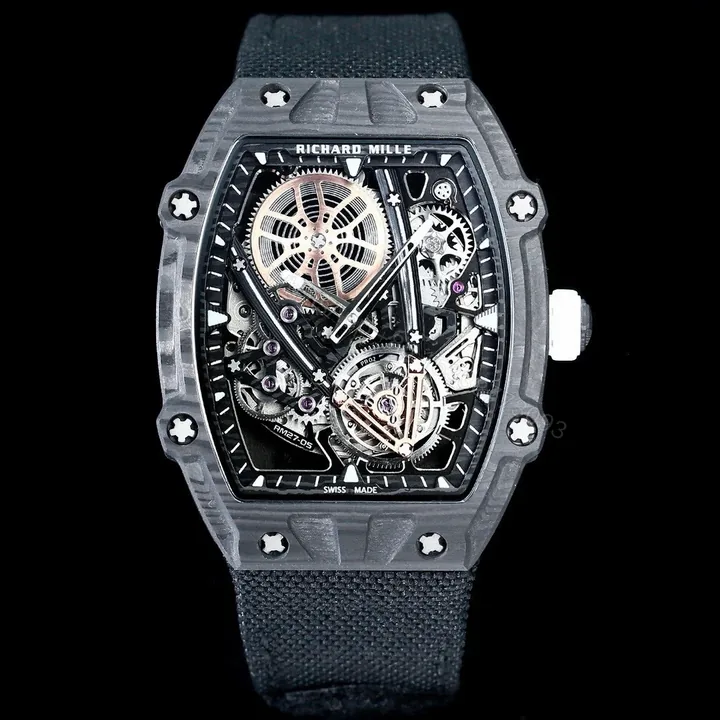 View 1 of Richard Mille RM27-05 Rafael Nadal Flying Tourbillon Watch Carbon TPT Skeleton 38g Ultra Light Ultra Thin 9MM Premium Edition RM-RM27-05-RN-CF-FLY38