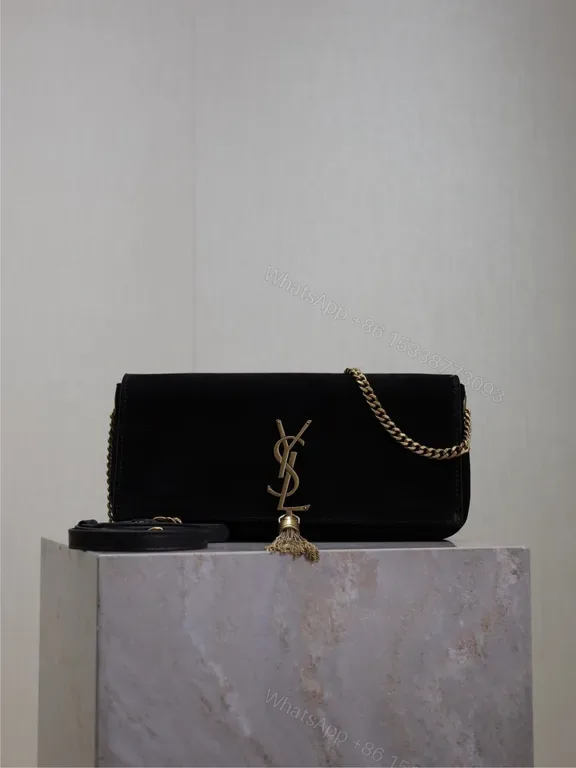 View 1 of Refined Velvet Black Bag with Gold YSL Hardware
