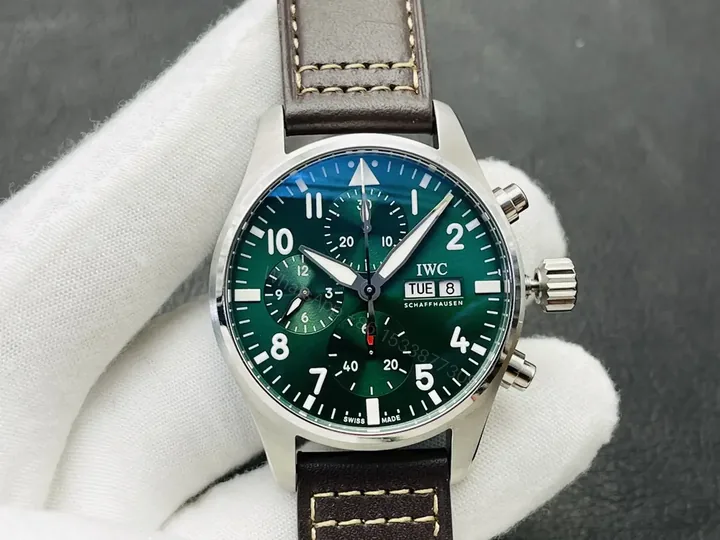 View 1 of Replica IWC Watch Pilot Chronograph Green Dial Leather Strap Premium 41MM IWC-PILOT-CHR-GRN41