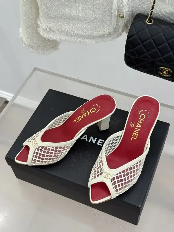 View 1 of White Mesh Heels Red Insole Classic Netted Upper Mule Sandals