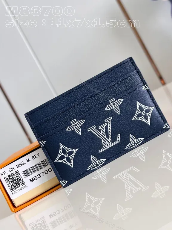 View 1 of Chic Signature Cardholder: Navy Leather, White LV-Style Print, Slim Luxe
