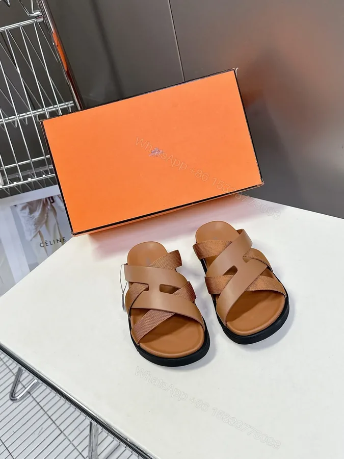 View 1 of Hermes Women Tan Leather And Fabric Sandals