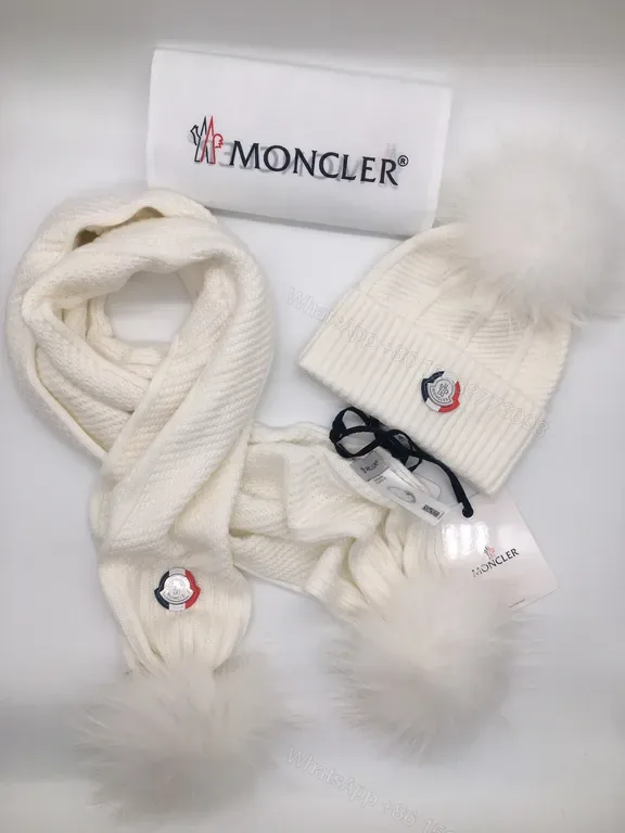 View 1 of Pristine White Moncler Knit Scarf & Beanie Set