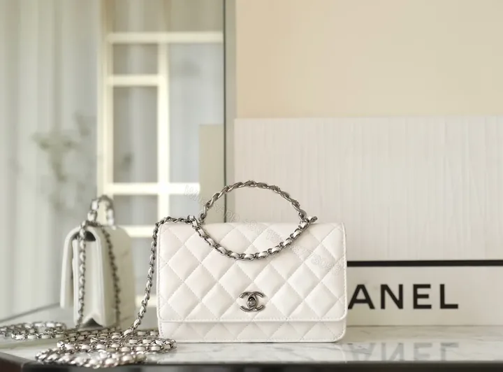 View 1 of Chanel-Inspired Quilted White Mini Bag with Chain Strap