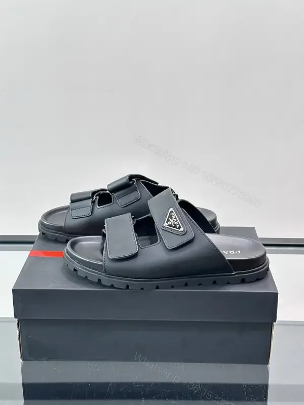 View 1 of Black Leather Sandals, Velcro Straps, Prada-Style Vintage Design Slippers