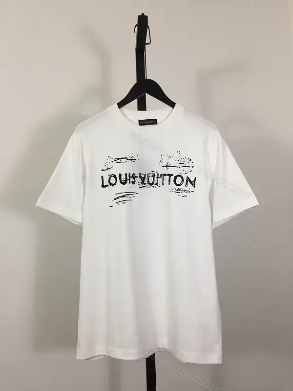 View 1 of White Cotton Graphic Tee with LV Brushwork - Relaxed Fit Tee