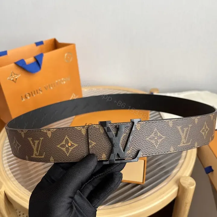 View 1 of Brown Canvas LV Belt with Interlocking Buckle, Luxury Style