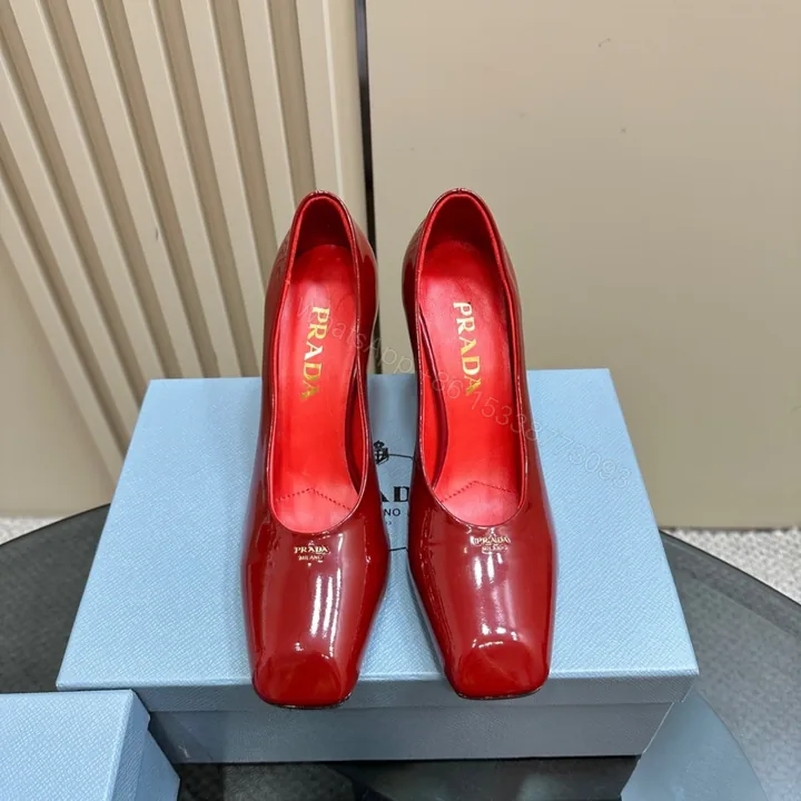 View 1 of 高仿Prada*1I837B方頭粗跟高踭鞋8.5CM漆皮紅色免檢版