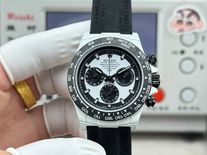 View 1 of Rolex Daytona Carbon Fiber Silver Panda Replica 40MM Premium Black Fabric Strap RG-ROLEX-DAYTONA-SILVER-PANDA