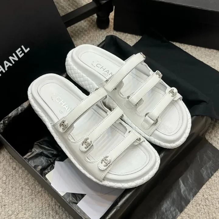 View 1 of White Quilted Sandals with Crystal Hardware - Luxe Comfort Sandals