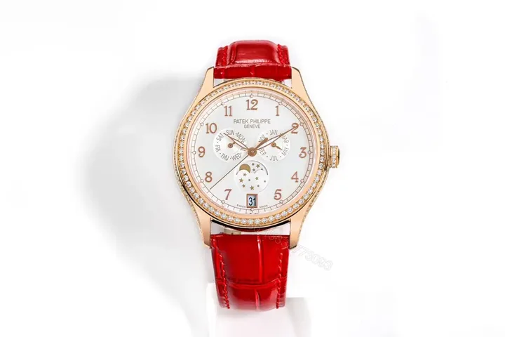 View 1 of Patek Philippe Complications Collection Annual Calendar Moon Phase Women’s Watch in Rose Gold with Diamond Set Case Red Leather Strap and Mother of Pearl Dial