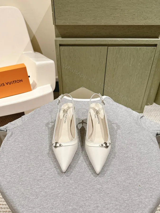 View 1 of LV Women White Leather Pointed Slingback Heels