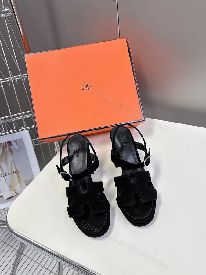 View 1 of Hermes Women Black Suede Sandals