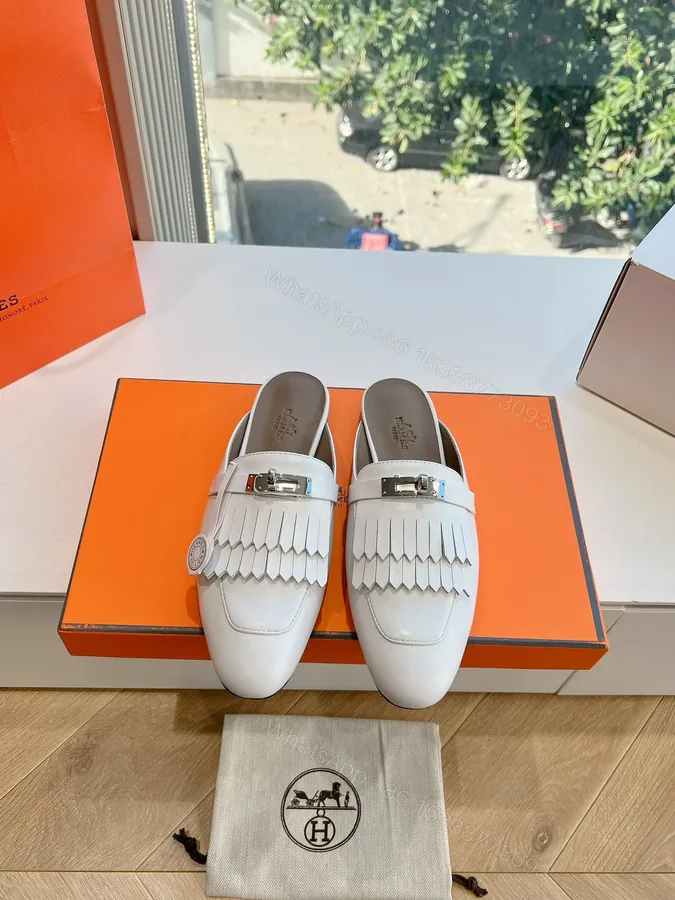 View 1 of Hermes Women White Leather Fringe Mules