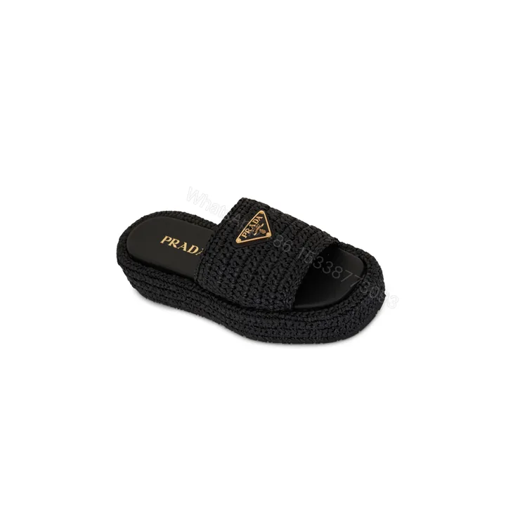 View 1 of Prada Natural Crochet Flatform Slides Gold Hardware Black