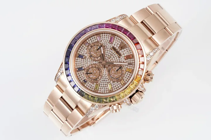 View 1 of Majestic rose gold pavé daytona replica 40MM Rainbow Bezel Edition ROLEX-DAYTONA-PINK-RB-40