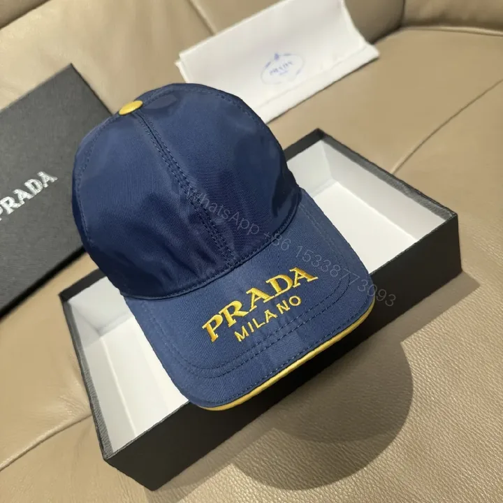 View 1 of Navy Nylon Cap: Luxe Six-Panel, Gold Accent, PRADA-Inspired