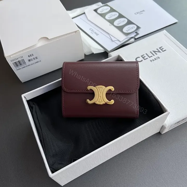 View 1 of Burgundy Leather Wallet with Gold Clasp - Compact Elegance