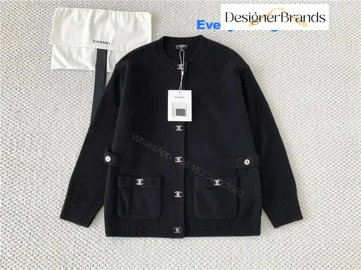 View 1 of Lux Black Knit Cardigan with Iconic Hardware Details