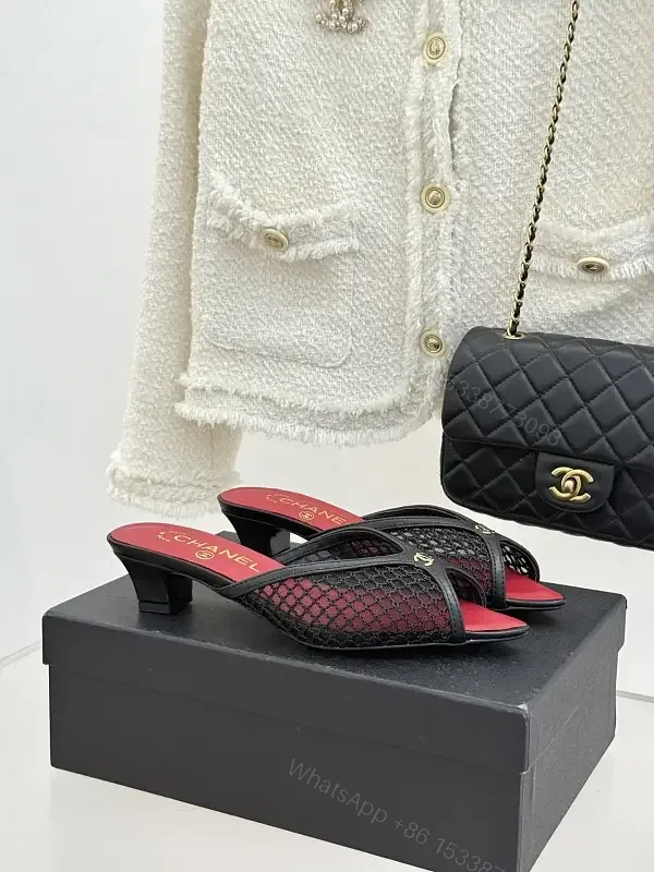 View 1 of Red/Black Satin Mesh Slip-On Heels Quilted Chain Bag (Chanel-inspired)