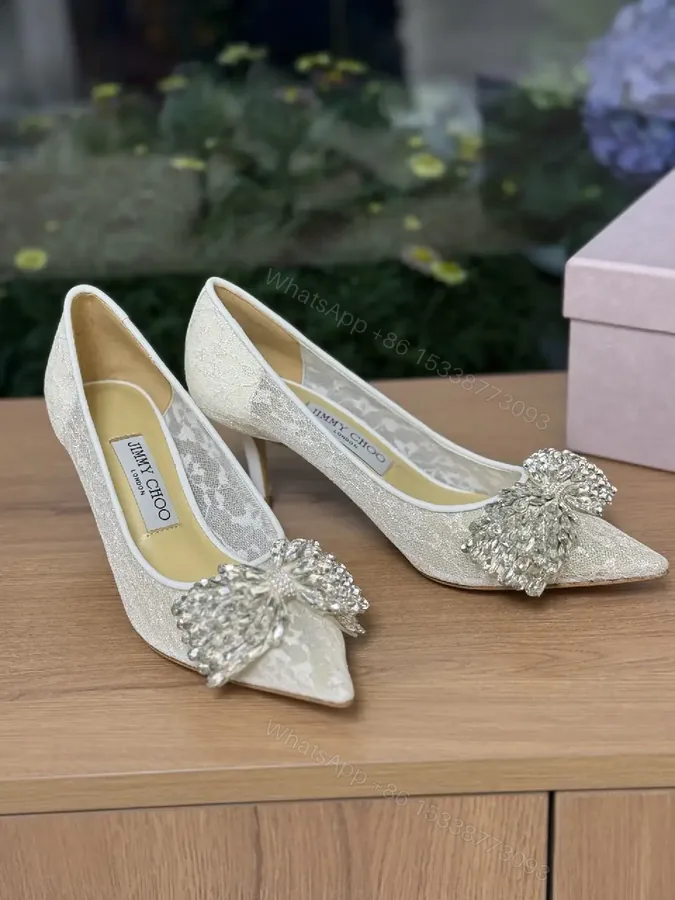 View 1 of Champagne Lace Pumps: Crystal Toe Embellishment, Elegant Pointed-Toe