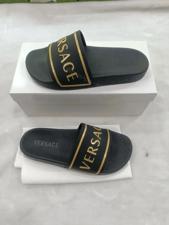 View 1 of Patterned Strap Slides with Gold Accent, Luxe Comfort Sandals