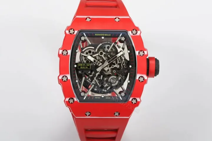 View 1 of Richard Mille RM35-02 Automatic Skeleton Watch Red Carbon Fiber Case Red Strap RMAL1 Movement White Gemstone Shock Absorber Premium Edition RM-RM35-02-RED-RED-SKL