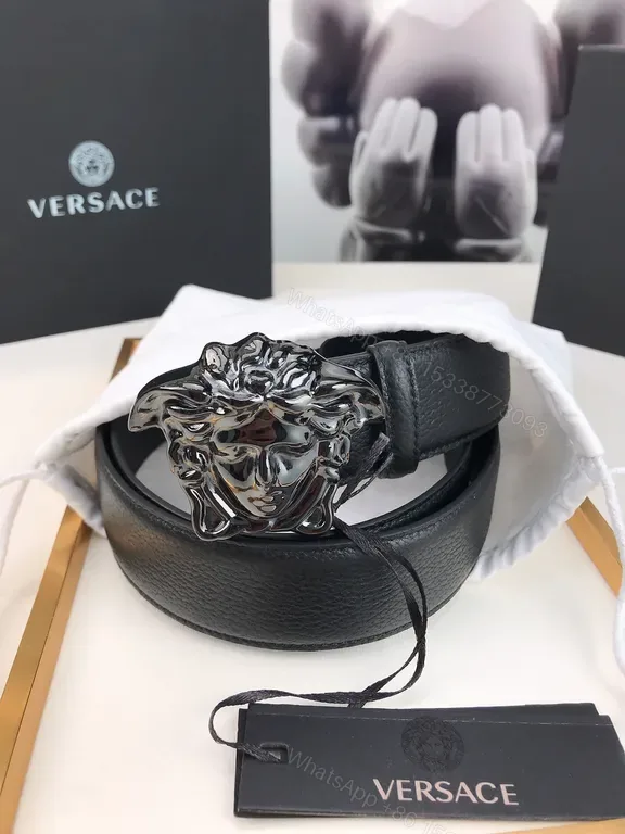 View 1 of Iconic Medusa Buckle Belt: Premium Black Leather, Versace Style