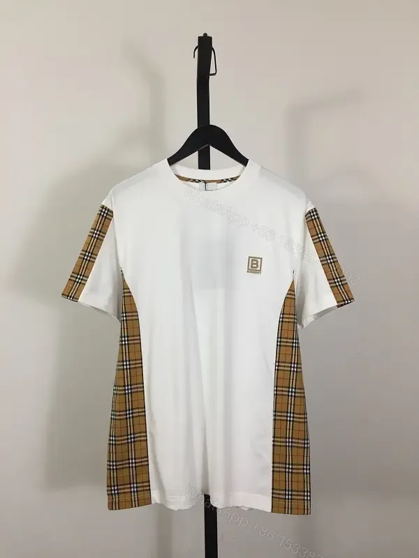 View 1 of White Cotton Tee with Plaid Paneling – Casual Luxe Comfort