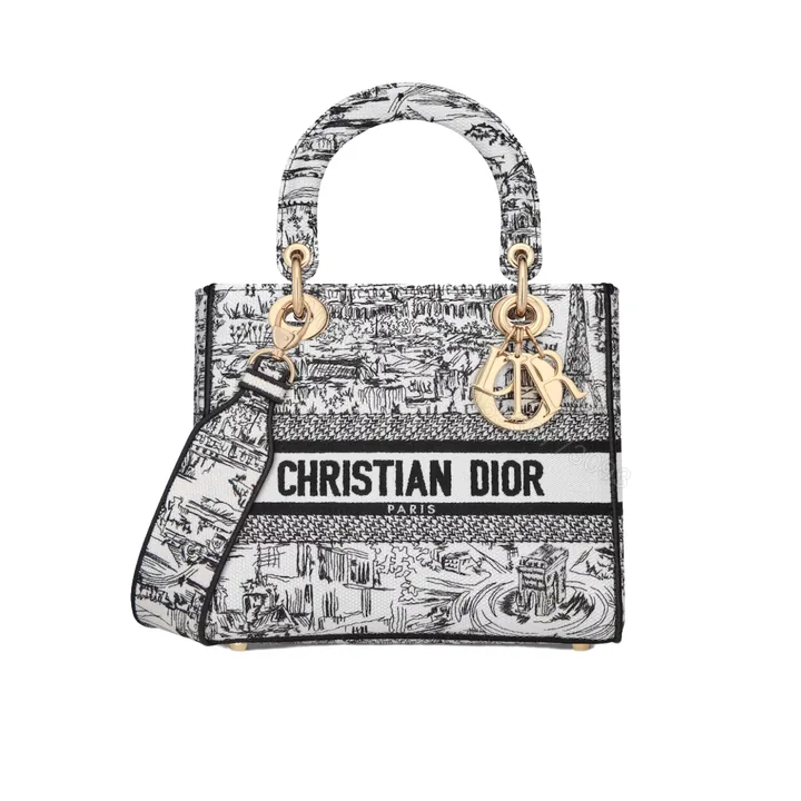 View 1 of DIOR MEDIUM LADY D LITE BAG PARIS ALLOVER EMBROIDERY WHITE AND BLACK 24CM M0565OEGI M933