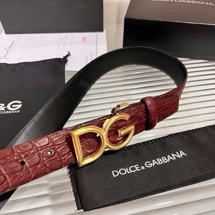 View 1 of Burgundy Crocodile-Texture Belt with Gold DG Buckle