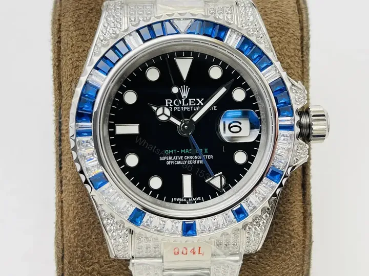 View 1 of Rolex GMT-Master II Blue Diamond Paved Bezel Oyster Bracelet 40mm RLX-GMT-BLU-DIA-PAV40-OYS