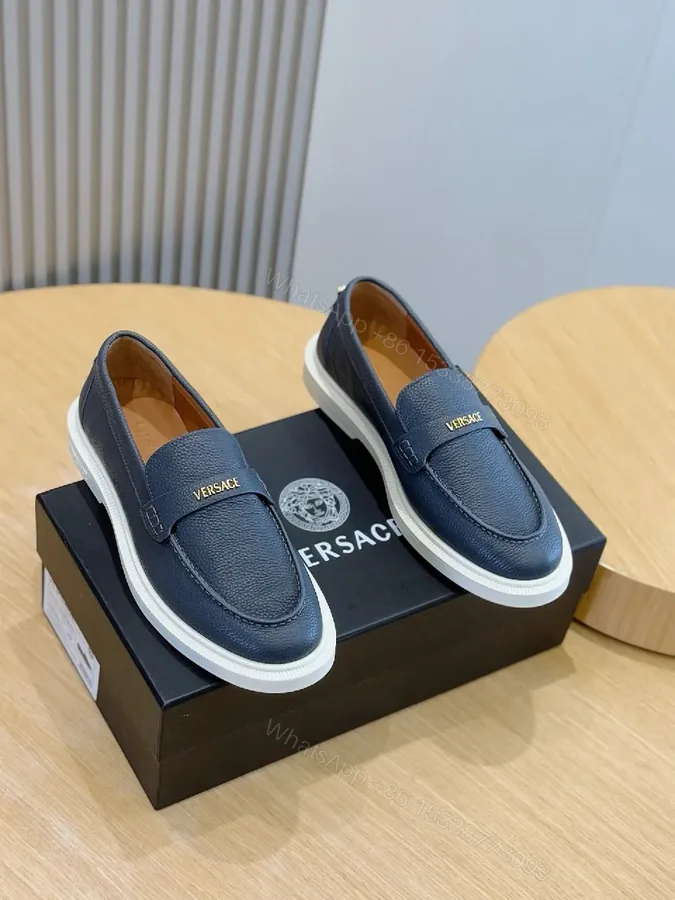 View 1 of Navy Leather Loafers with Luxe Twist, Slip-On, Cushioned Sole