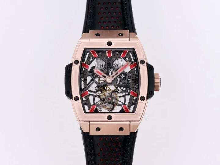View 1 of Hublot Masterpiece Series 906 Tourbillon Watch Rose Gold/Platinum Black Leather Strap with Red Accents Sapphire Crystal