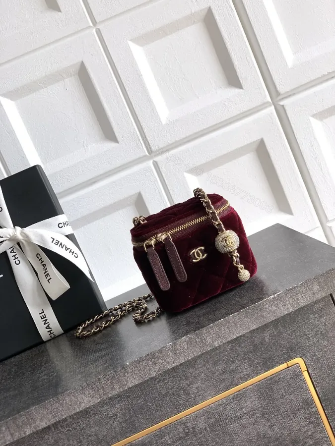 View 1 of Burgundy Velvet Chain Bag with Gold Accents, Compact Luxury