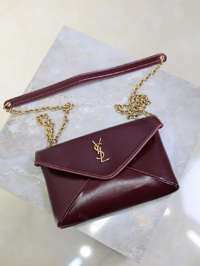 View 1 of Burgundy Leather Envelope Bag - Gold Hardware Elegance