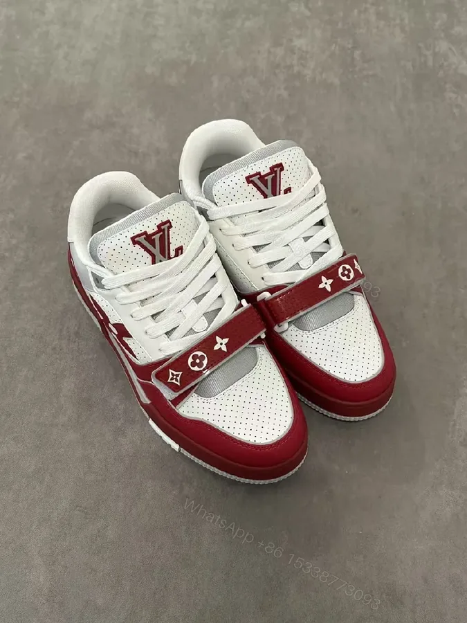 View 1 of Bold White & Burgundy Leather Trainer with LV-Style Details