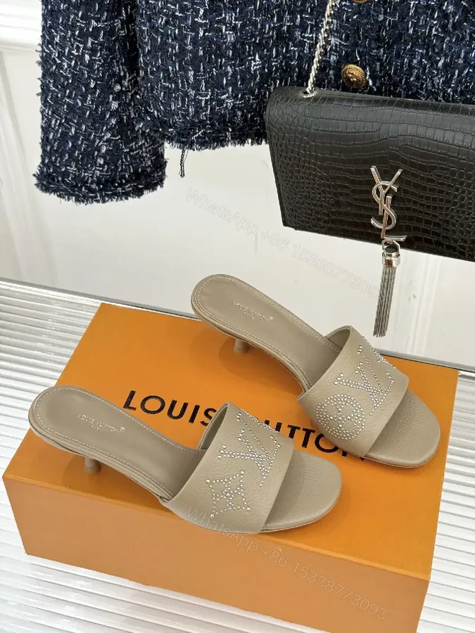 View 1 of Textured Taupe Slip-On Sandals – Lux Comfort, Subtle LV Style