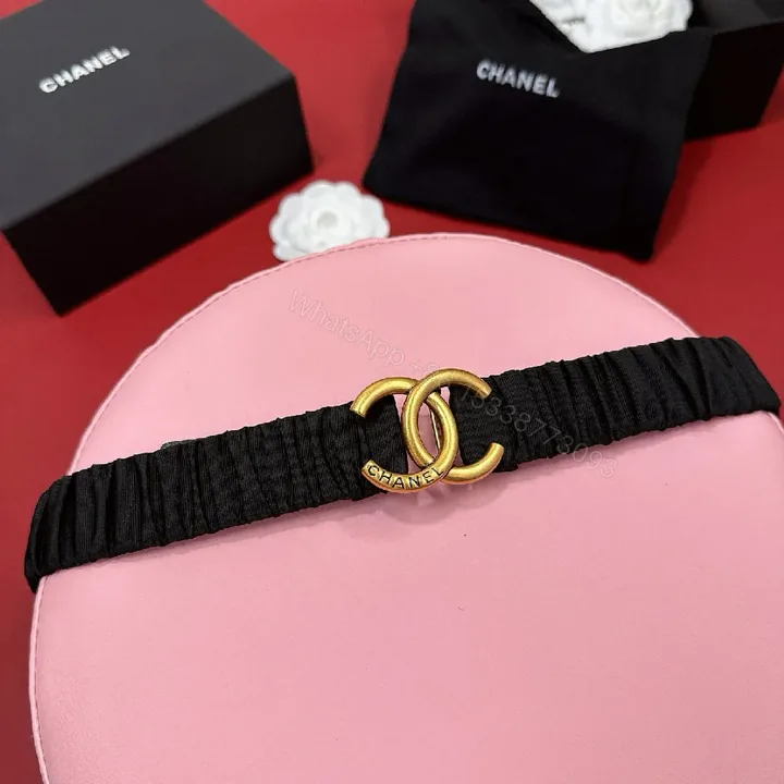 View 1 of Elastic Belt with Gold Double-C Clasp - Luxe Casual Couture Accessory