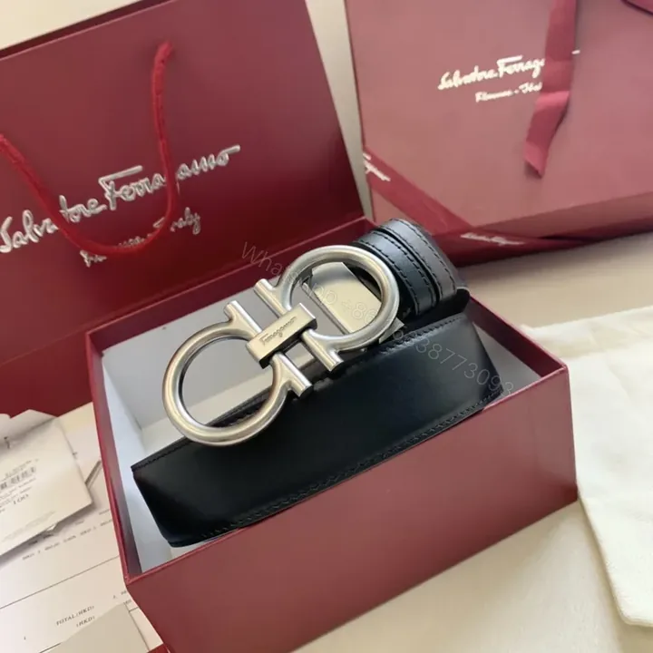 View 1 of Black Calfskin Leather Belt â€” Ferragamo Double Gancini, 3.5cm, Luxury Style